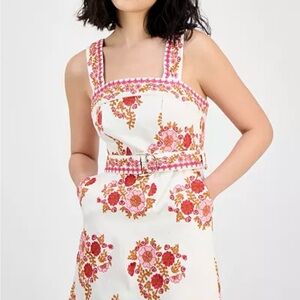 Avec Les Filles White Dress with Pink Floral Embroidery